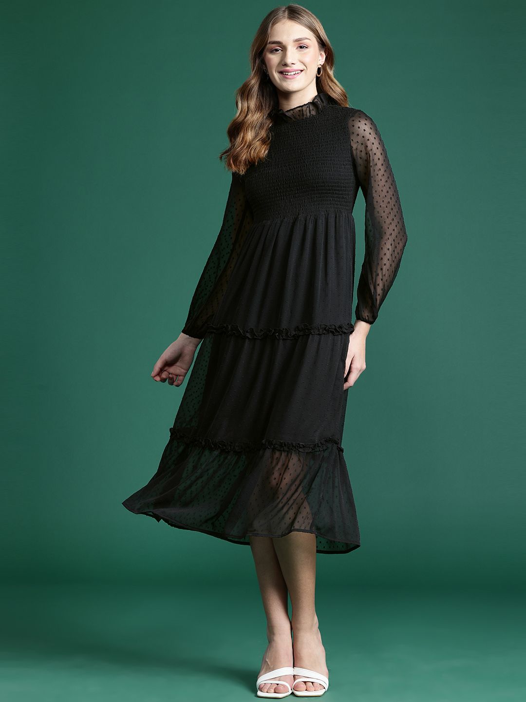 DressBerry Schiffli Smocked Tiered A-Line Midi Dress