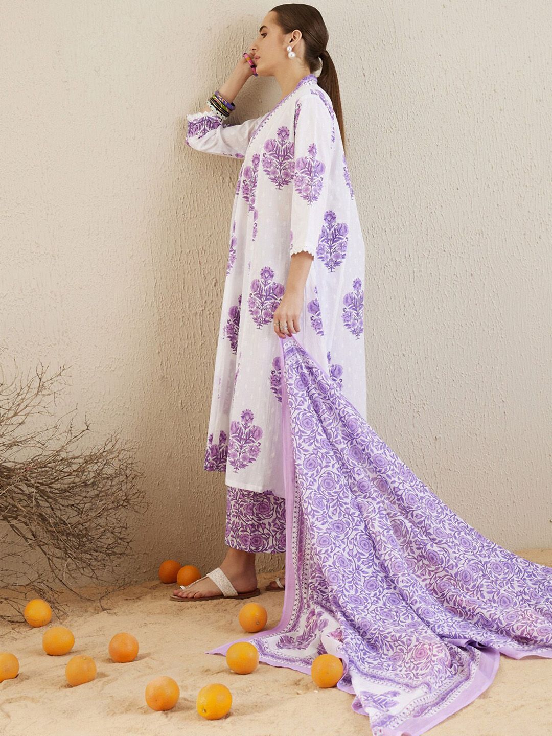 Indo Era V-Neck Floral Printed Panelled Pure Cotton Kurta Set