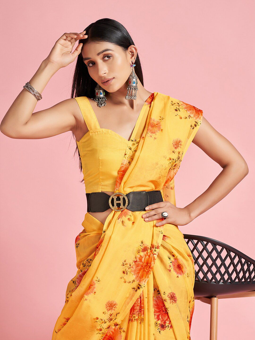 Saree Mall Sarees Organza Bercetak Kuning & Merah