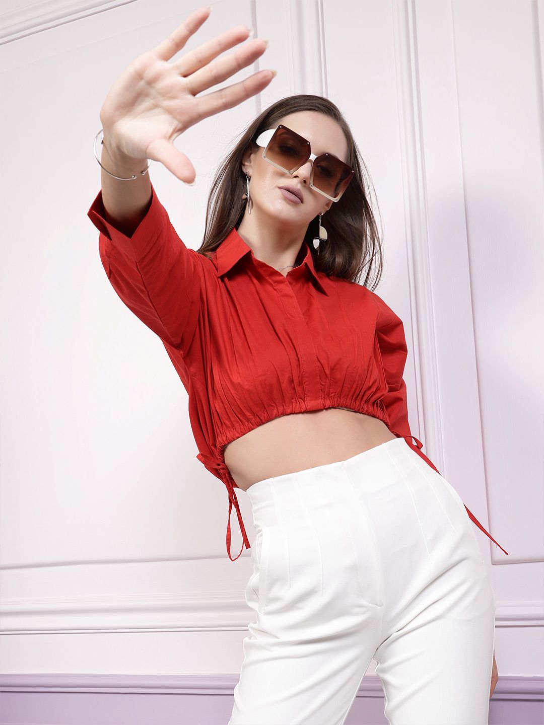 Athena Drop Shoulder Sleeves Cotton Shirt Style Crop Top