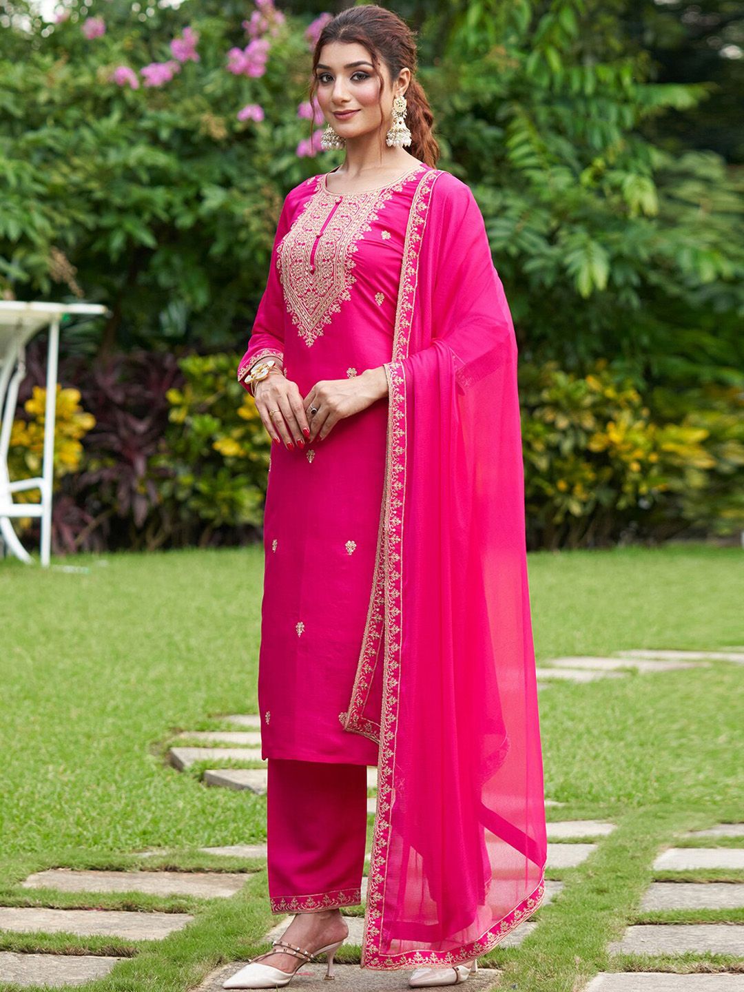 Indo Era Floral Embroidered Thread Work Kurta with Trousers & Dupatta