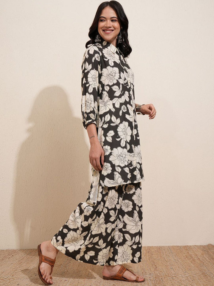 Vishudh Black Floral Printed Pure Cotton Longline Shirt With Palazzos