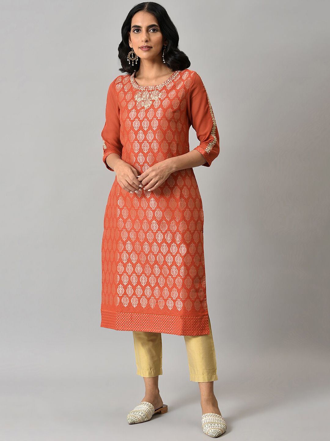 W Women Orange Ethnic Motifs Woven Design With Zari Work Kurta