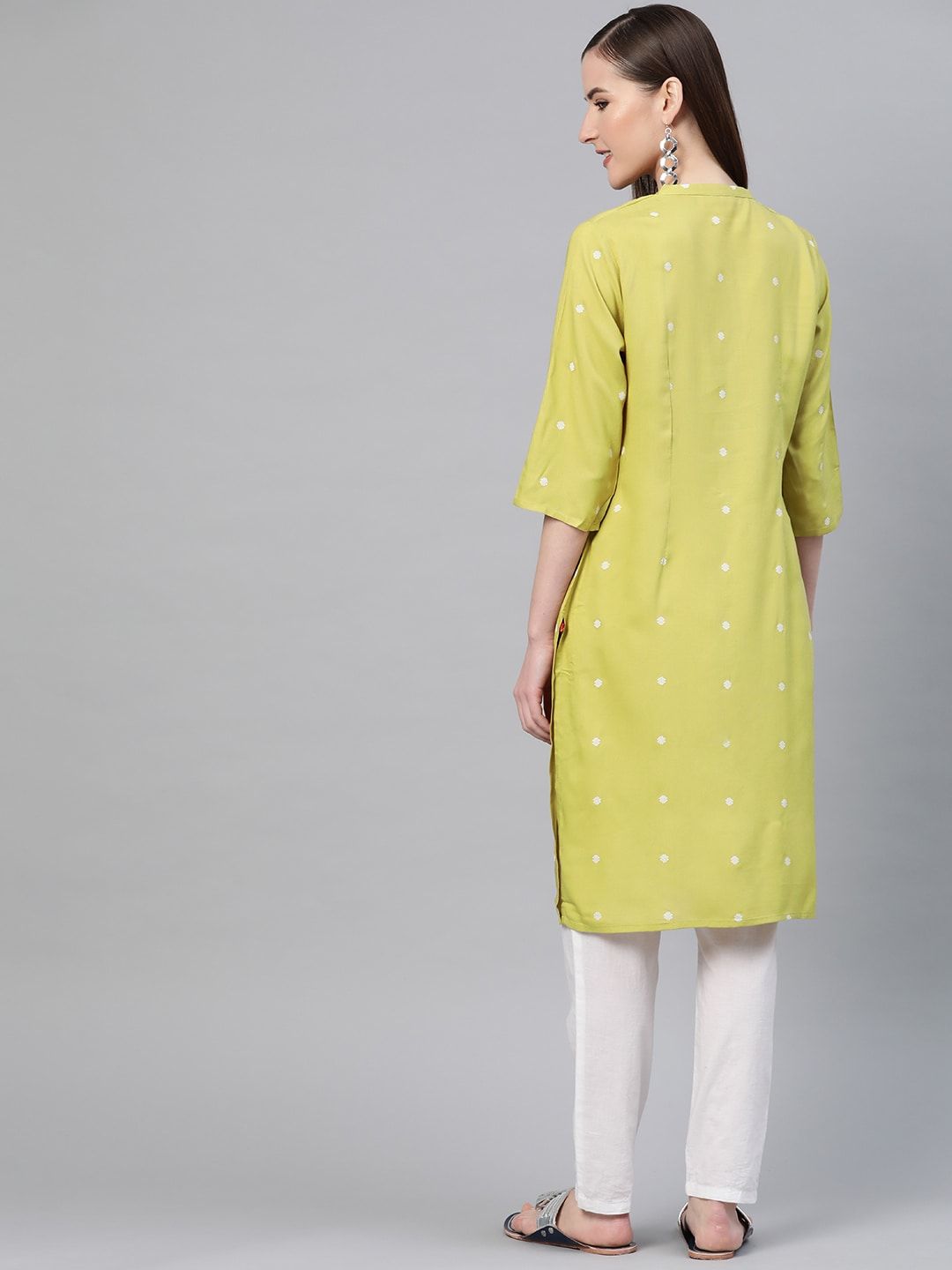 W Women Lime Green & Off-White Printed Straight Kurta