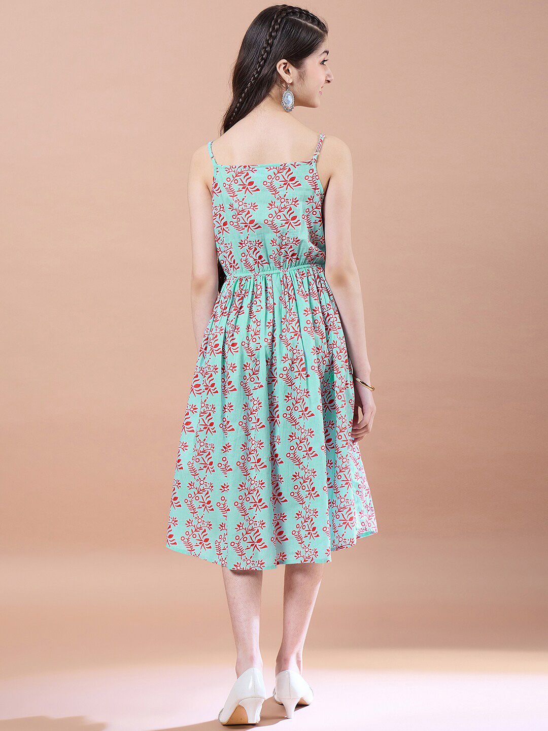 pspeaches Girls Ethnic Motifs Print Cotton Round Neck A-Line Midi Dress With Shrug