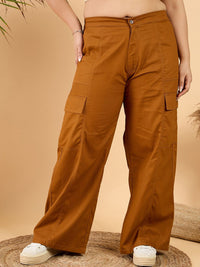 CURVY STREET Women Plus Size Brown Loose Fit Mid-Rise Plain Wide Leg Cotton Trousers