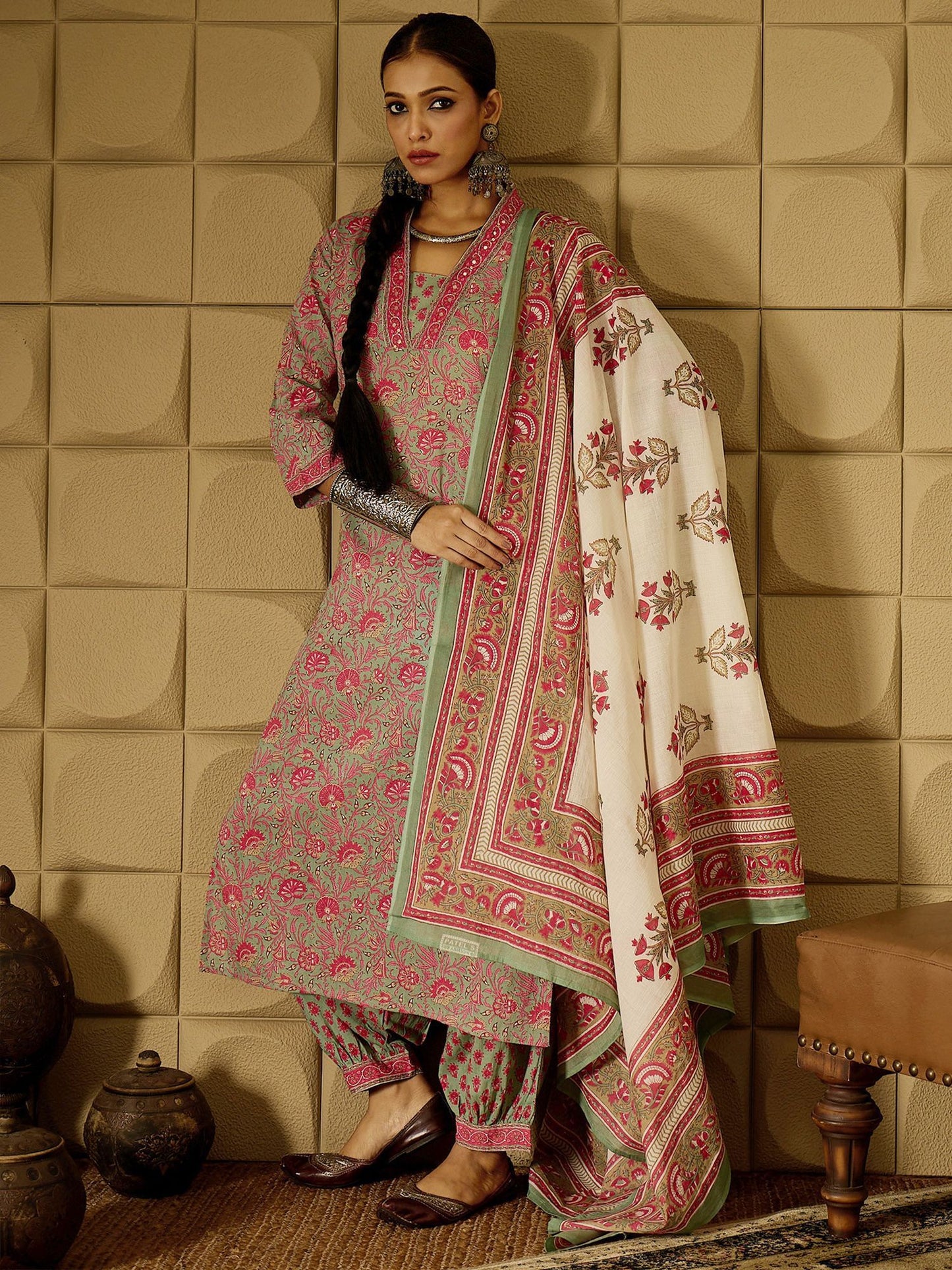 Indo Era Floral Printed Pure Cotton Kurta Straight Kurta With Salwar And Dupatta