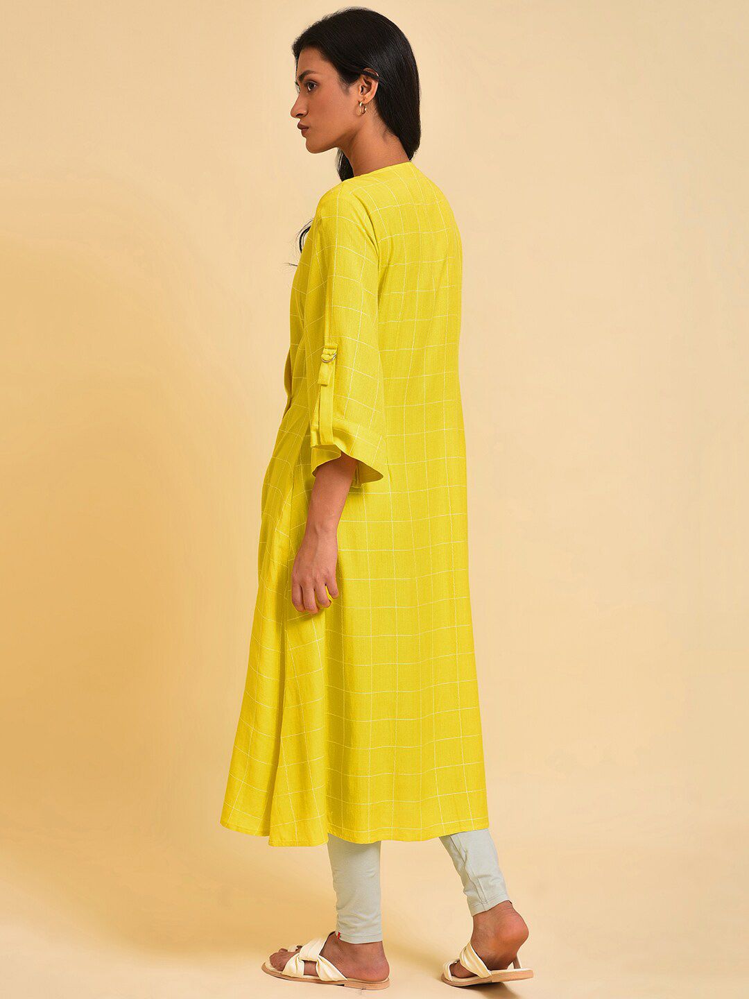 W Yellow Embroidered Checker Wrap Dress