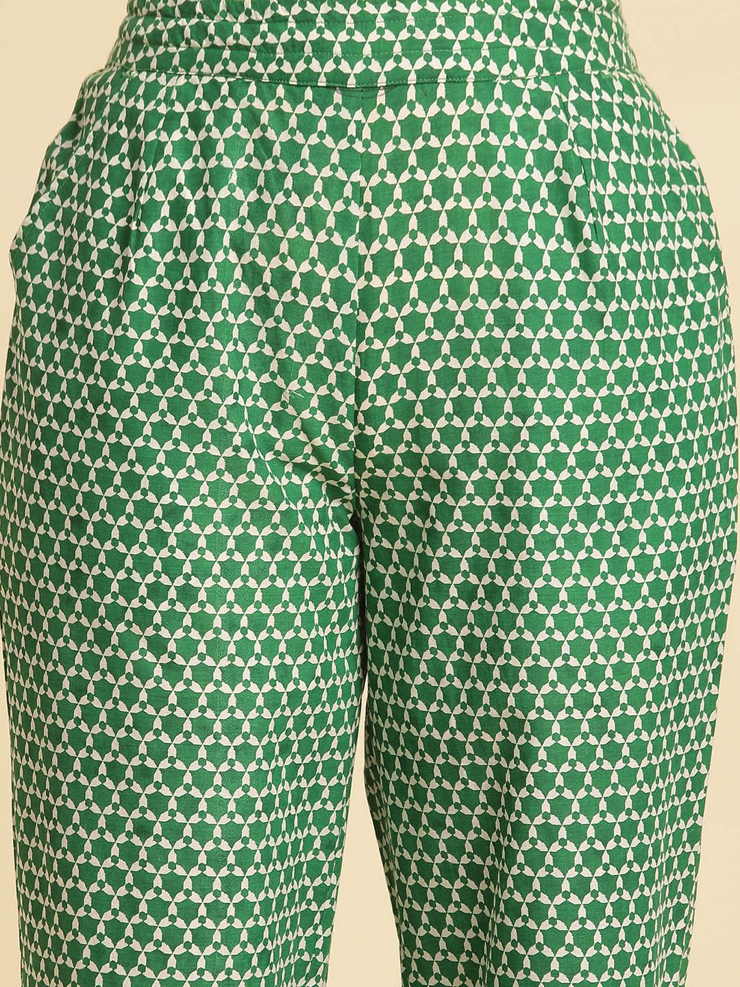 W Women Green Geometric Printed Pure Cotton Trouser