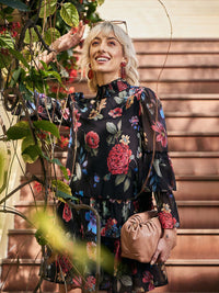 SASSAFRAS High Neck Floral Printed Smocked Tiered Chiffon A-Line Dress