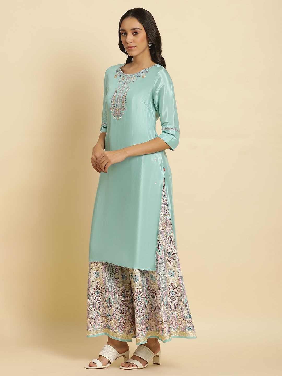 W Blue Ethnic Motifs Yoke Design Sequinned Kurta