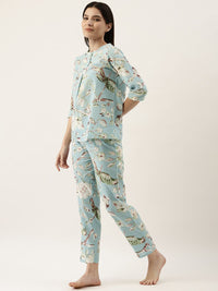 SANSKRUTIHOMES Women Sea Green Pure Cotton Floral Print Pyjama Set