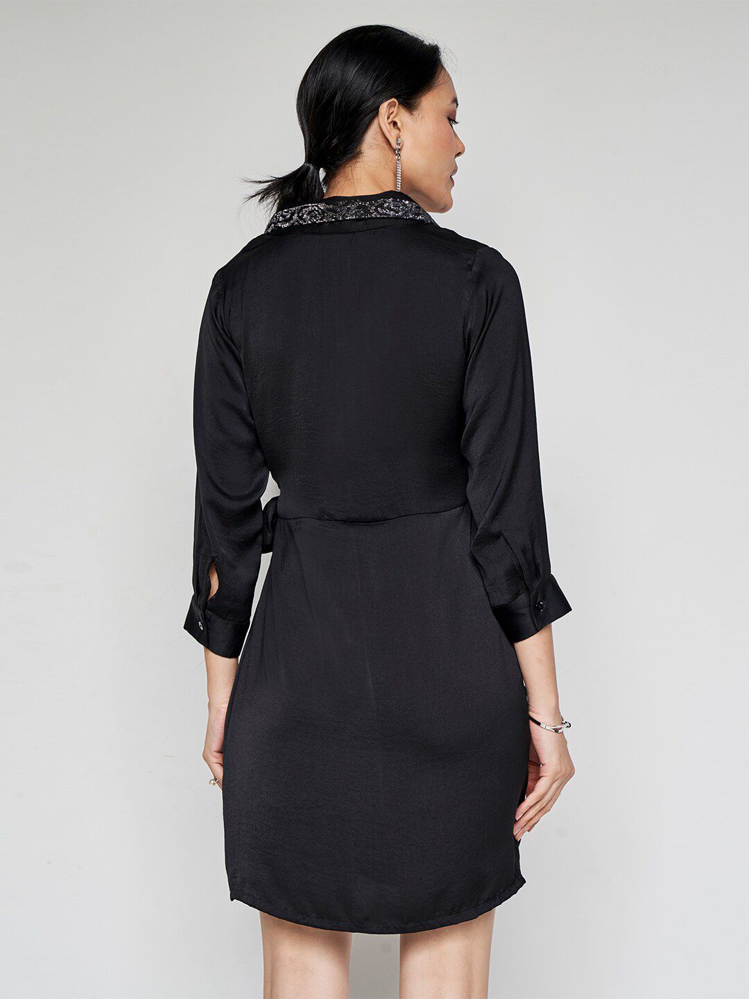 AND Lapel Collar Cuffed Sleeves Tie-Up Detailed A-Line Dress