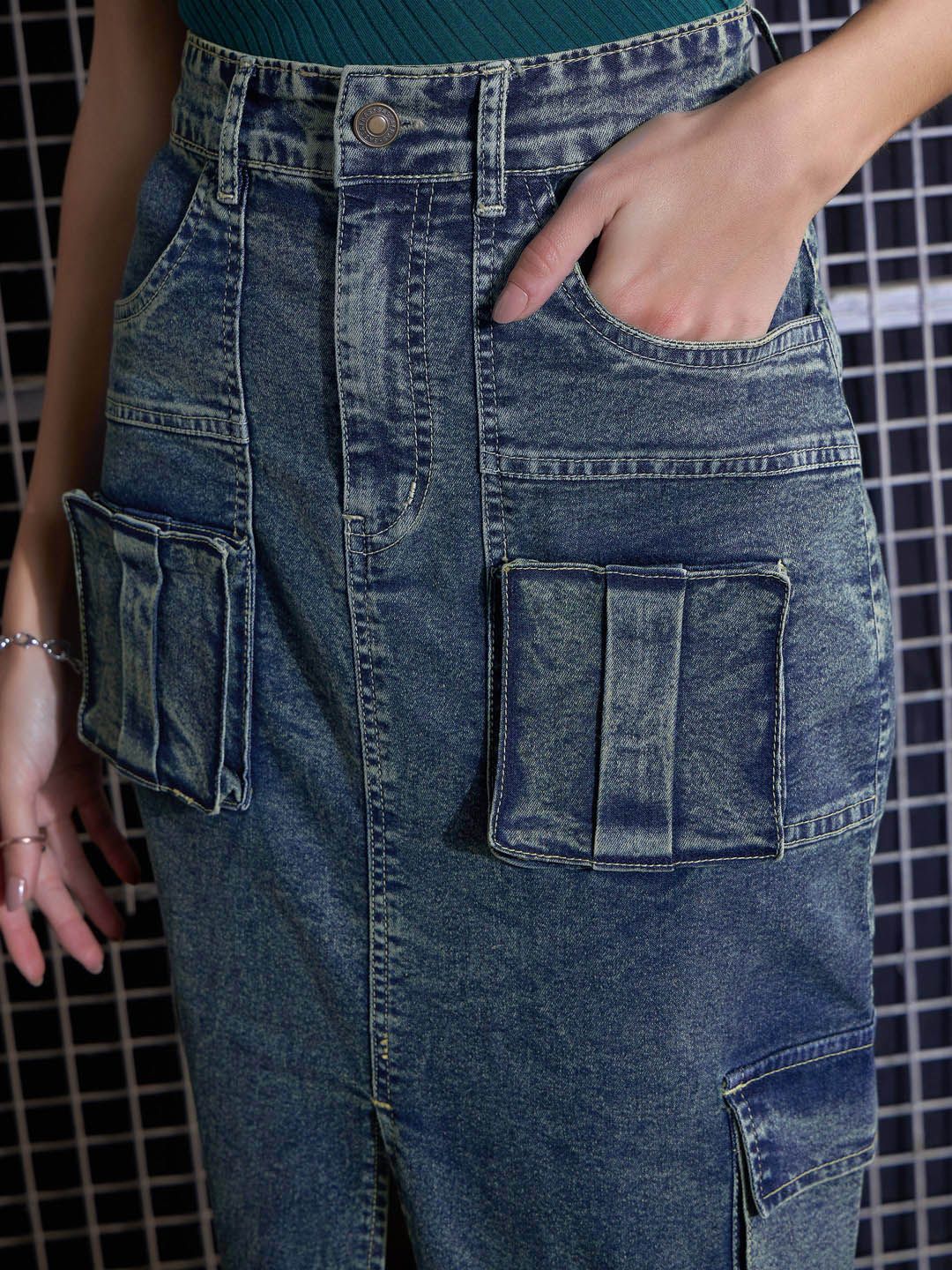 SASSAFRAS Green Washed Cargo Pencil Midi Denim Skirt