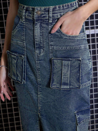 SASSAFRAS Green Washed Cargo Pencil Midi Denim Skirt