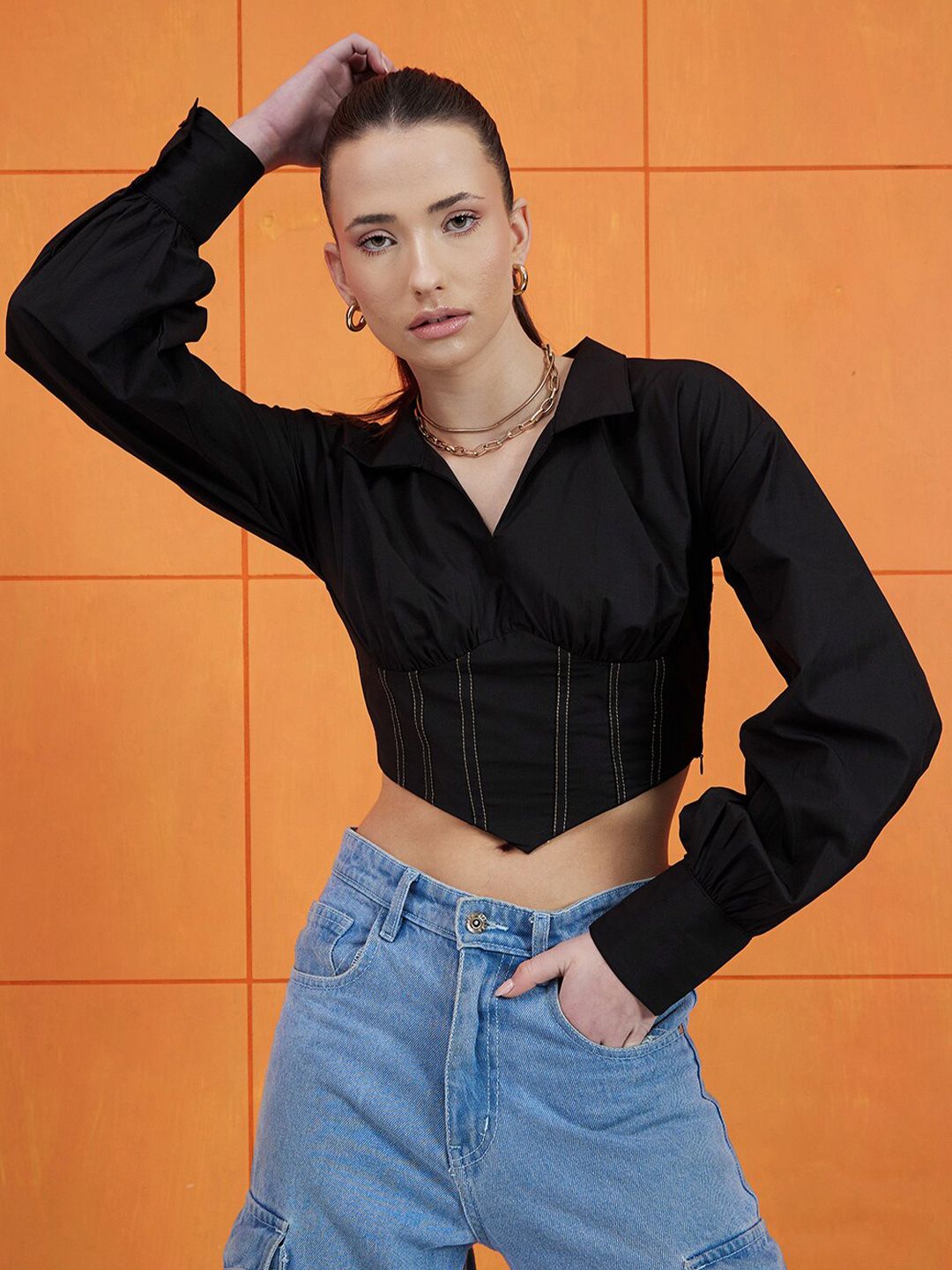 STREET 9 Black Shirt Collar Cuffed Sleeves Pure Cotton Crop Empire Top