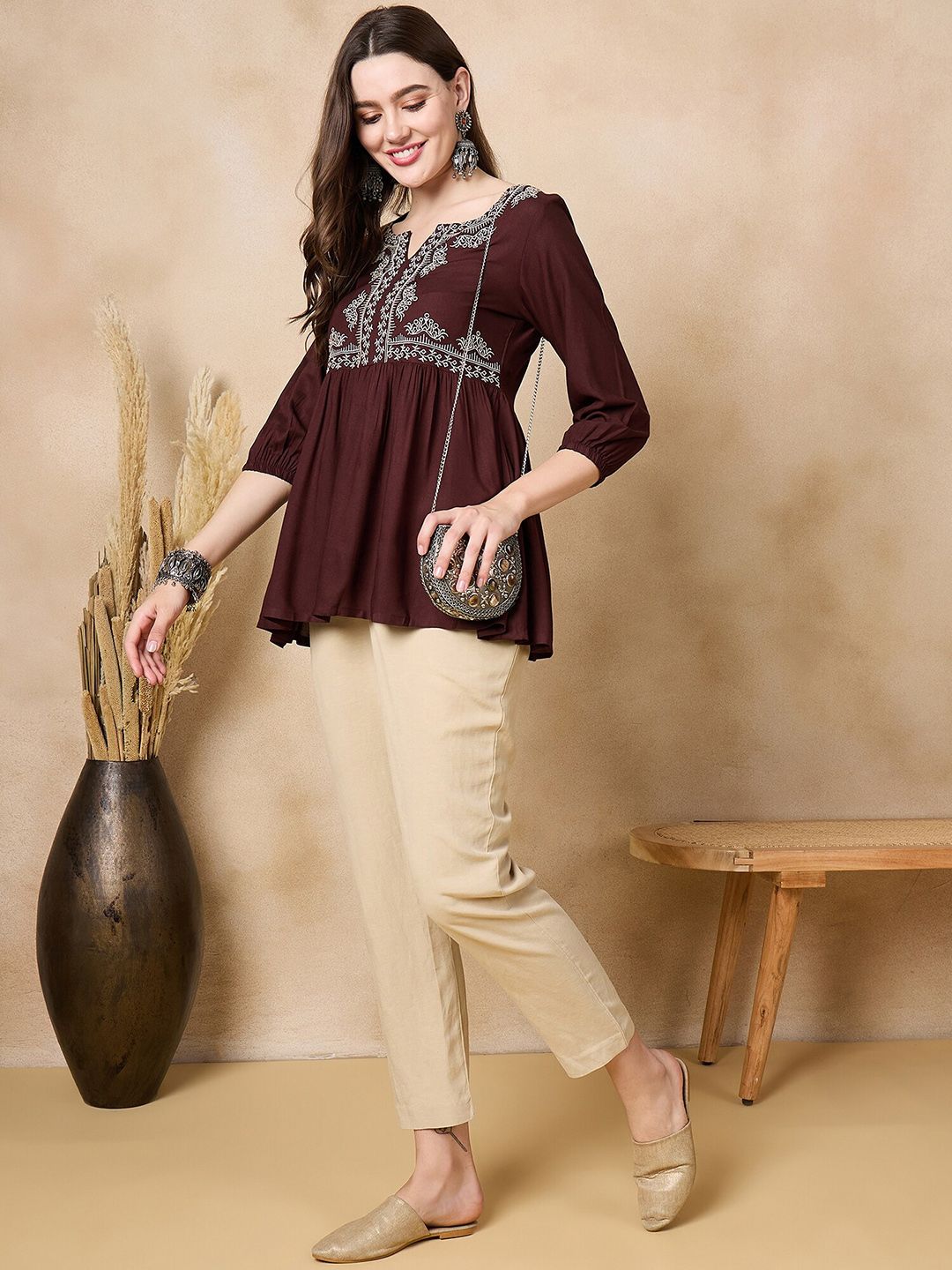 Anouk Women Floral Embroidered Flared Sleeves Thread Work Kurta