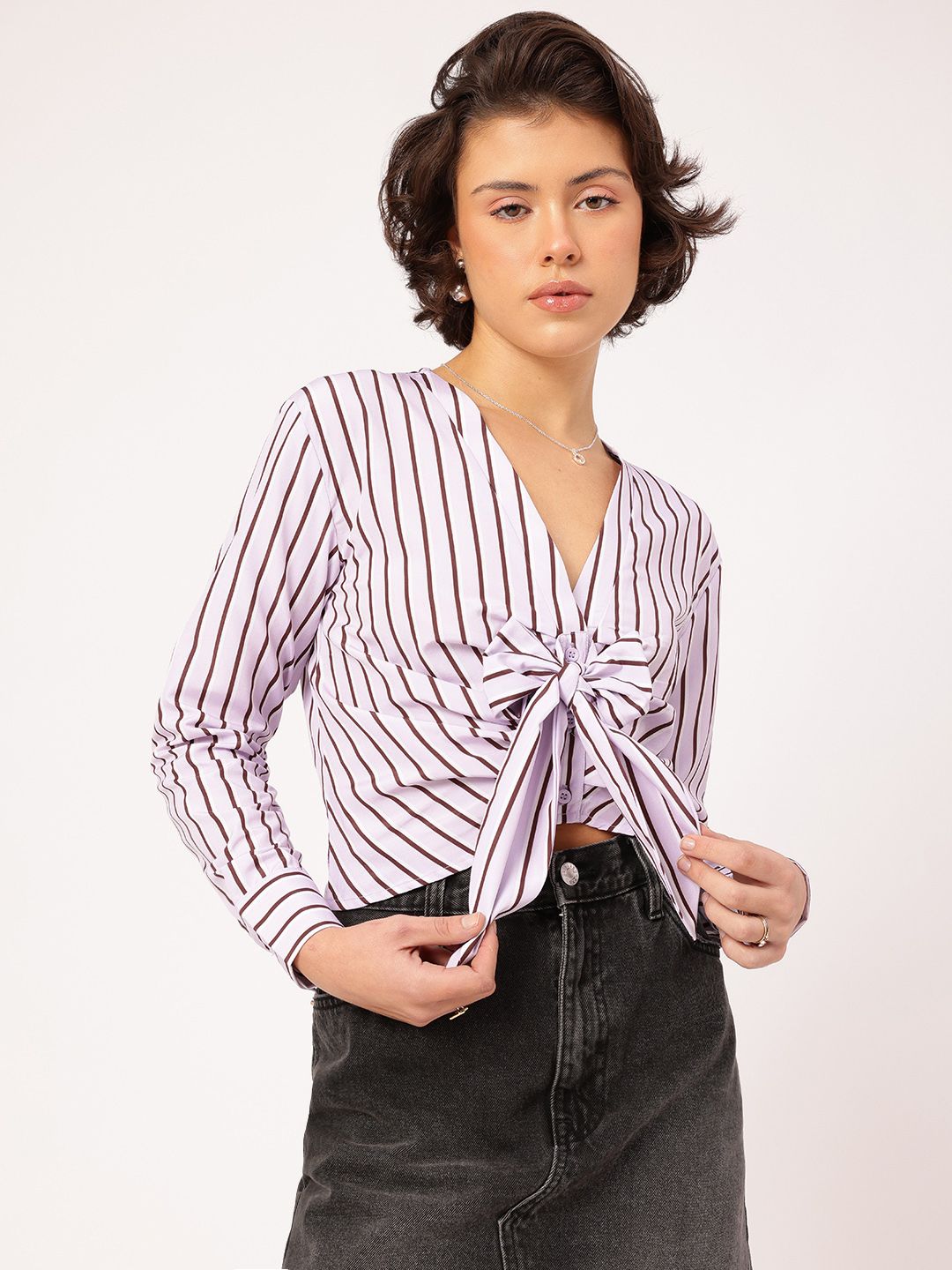 DressBerry Bow Bliss Striped Shirt Style Top
