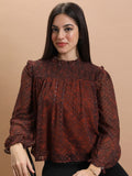 Tokyo Talkies Rust Smocked Print Blouson Top