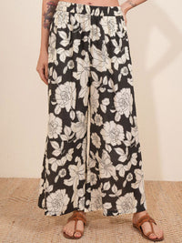 Vishudh Black Floral Printed Pure Cotton Longline Shirt With Palazzos