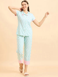 Sweet Dreams Geometric Printed Lapel Collar Night suit