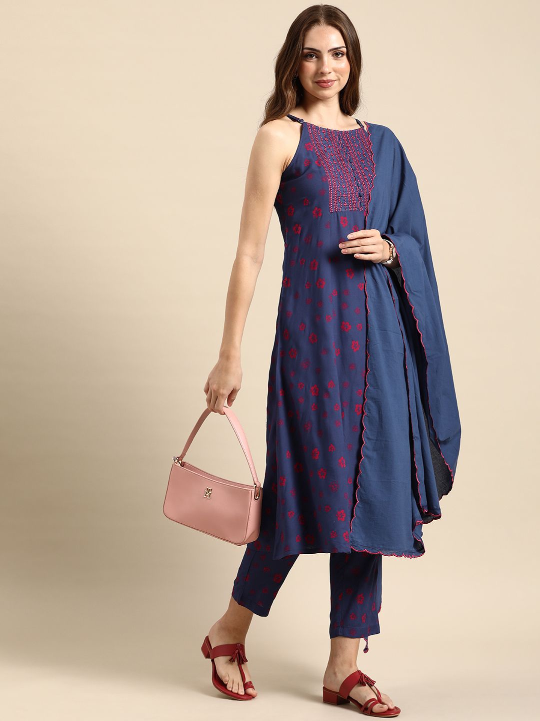 Anouk Women Floral Printed High Slit Kurta with Trousers & Dupatta Set