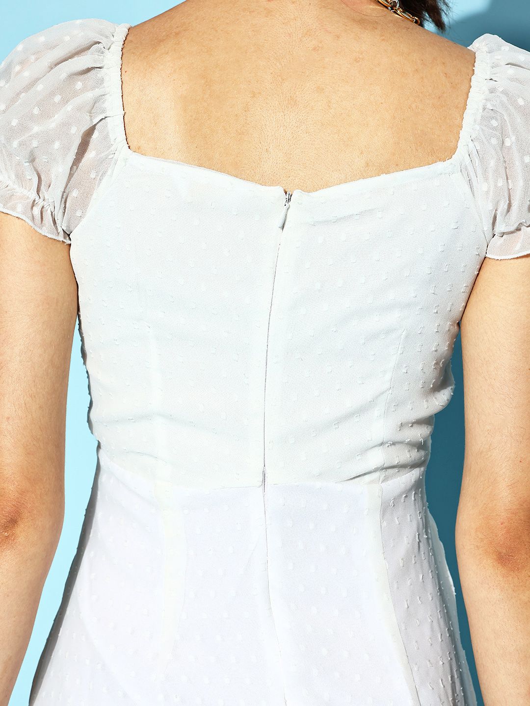 Berrylush Women White Self-Design Fluid Tie-Up Dress