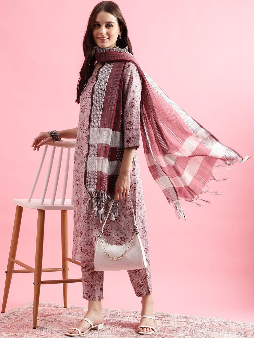 KALINI Floral Printed Regular Straight Kurta With Trousers & Dupatta