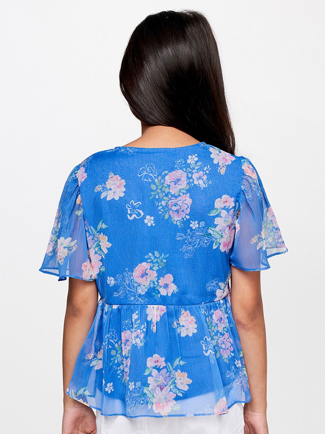 AND Blue Floral Print Bell sleeves Peplum Top