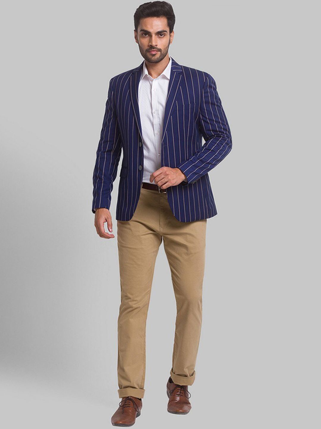 Park Avenue Men Blue Striped Single Breasted Formal Blazer