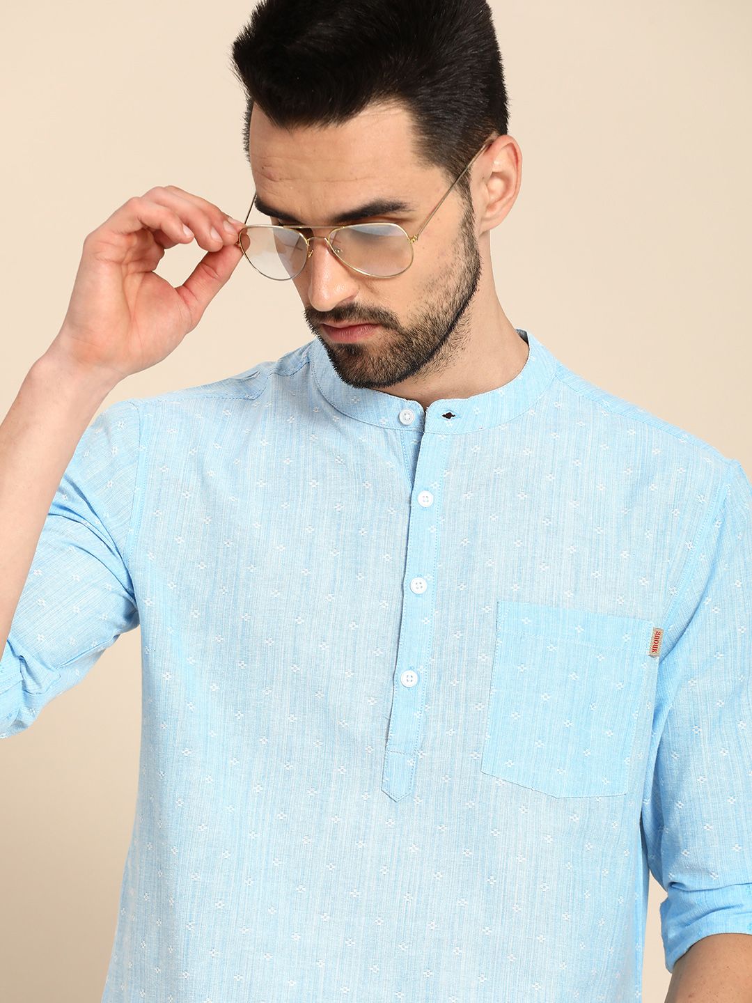 Anouk Men Blue Woven Design Pure Cotton Short Kurta