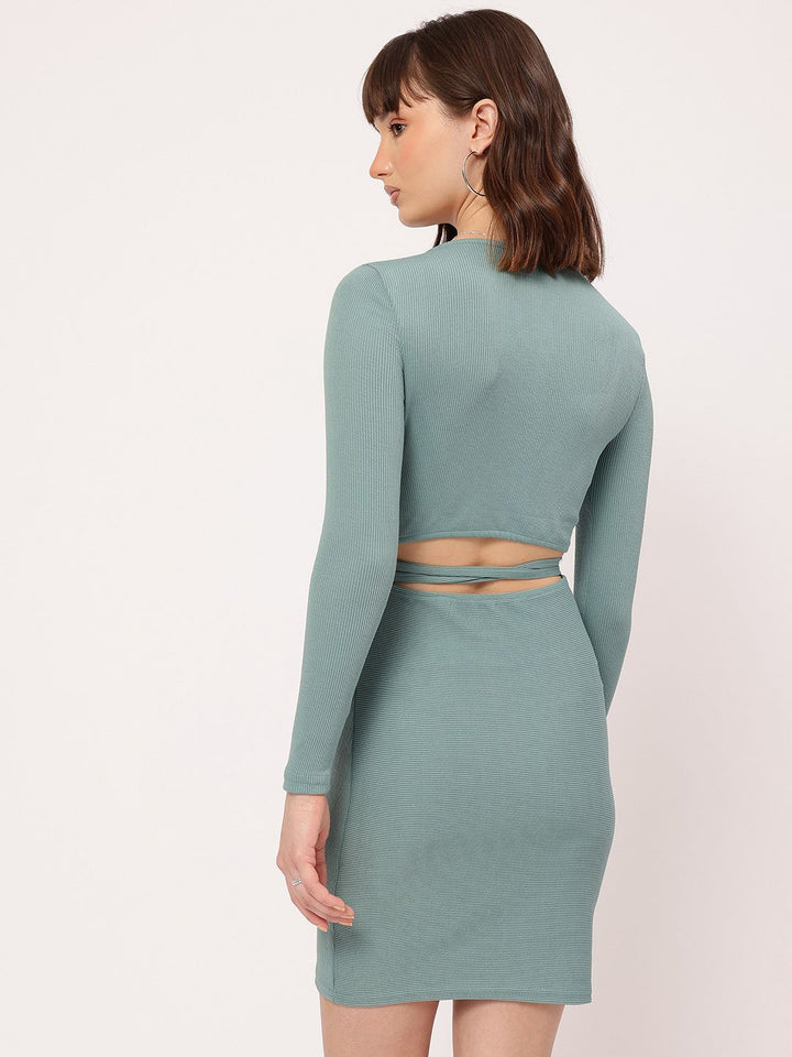 DressBerry Cute Feminine Ribbed Waist Tie-Up & Cut Out Detail Bodycon Dress