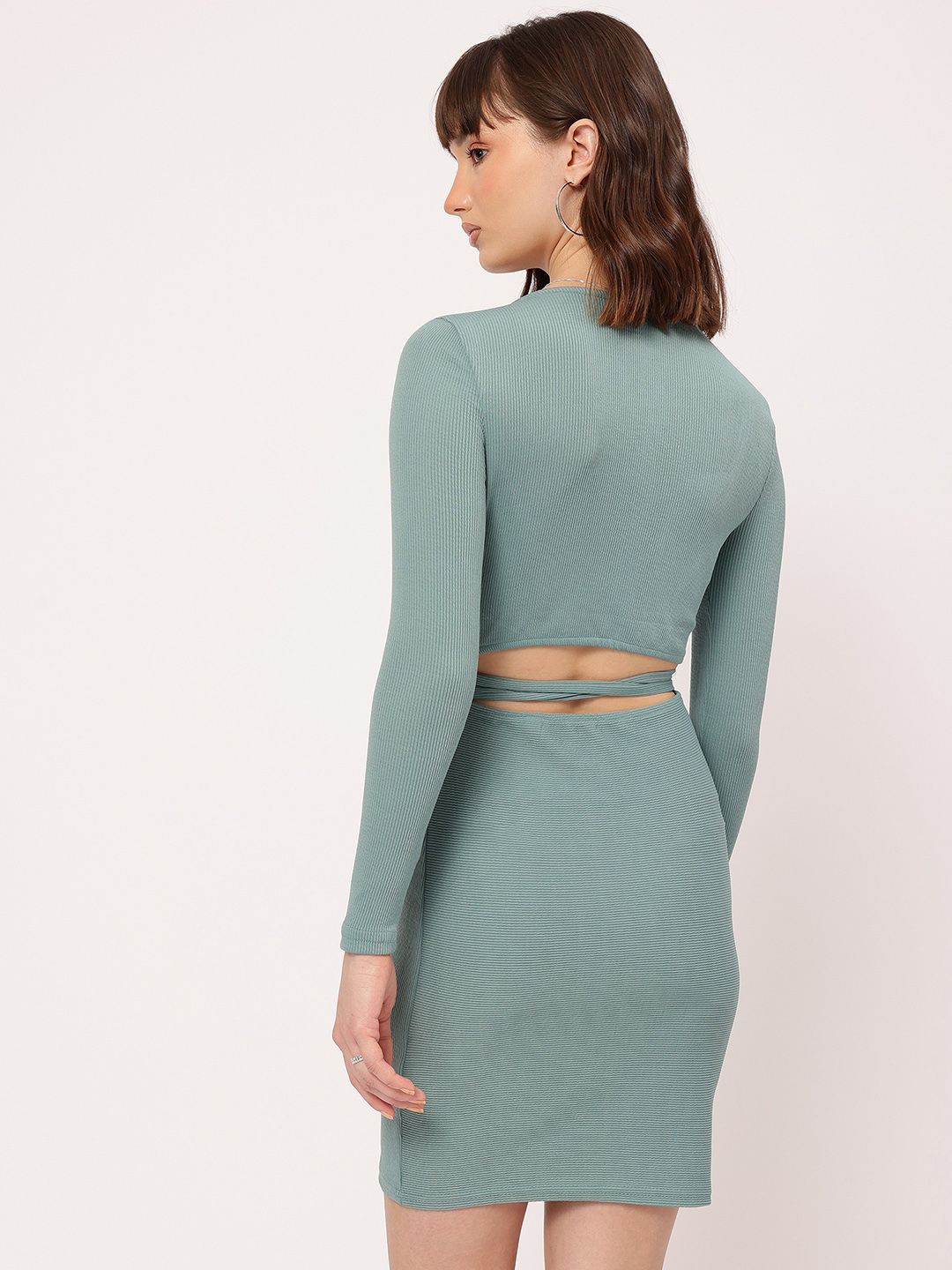 DressBerry Cute Feminine Ribbed Waist Tie-Up & Cut Out Detail Bodycon Dress