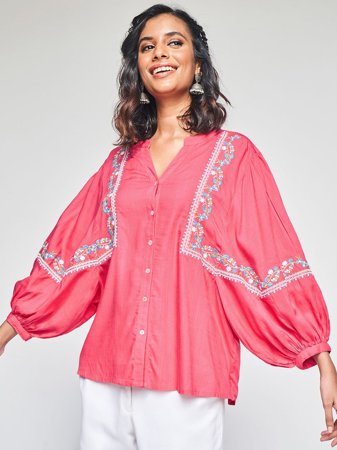 Global Desi Floral Embroidered Mandarin Collar Shirt Style Top
