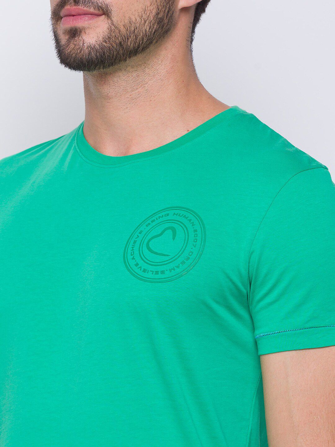 Being Human Men Green Solid Pure Cotton T-shirt
