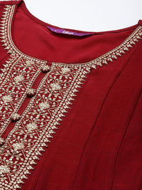 Libas Womens Maroon Yoke Design Anarkali Kurta With Churidar & Dupatta