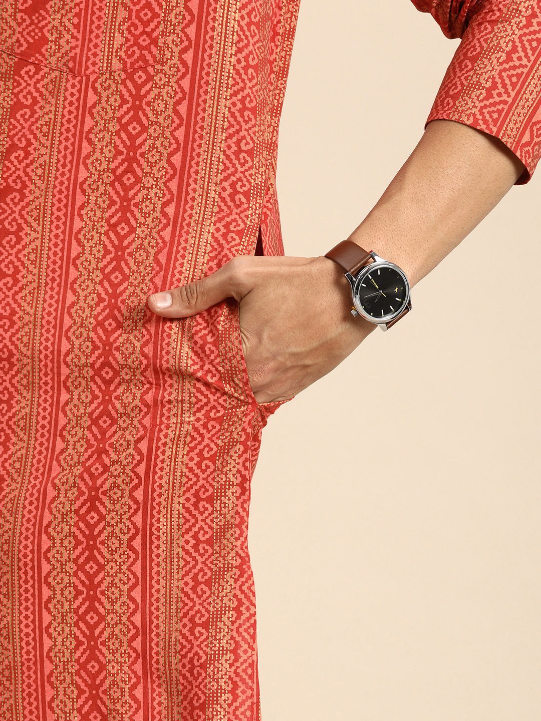 Anouk Men Orange & Gold-Toned Ethnic Motifs Printed Pure Cotton Kurta