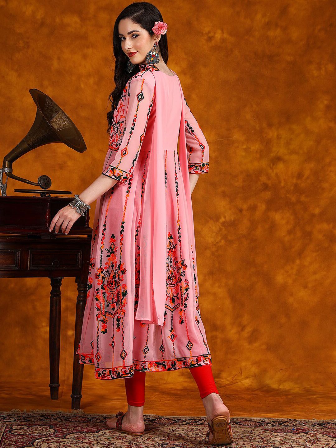 KALINI Ethnic Motifs Embroidered Anarkali Kurta With Dupatta Set