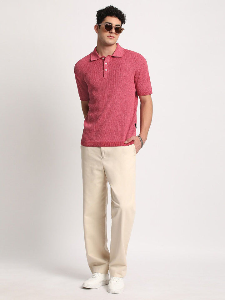 THE BEAR HOUSE Men Self Design Slim Fit Cotton Polo Collar T-Shirt