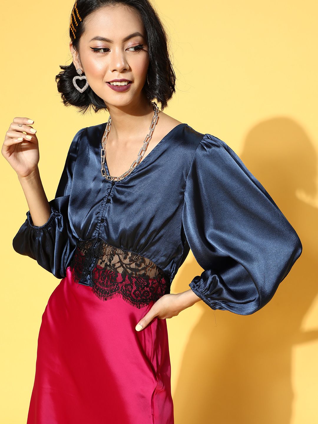 Antheaa Women Deep Navy Blue Solid Lace Top