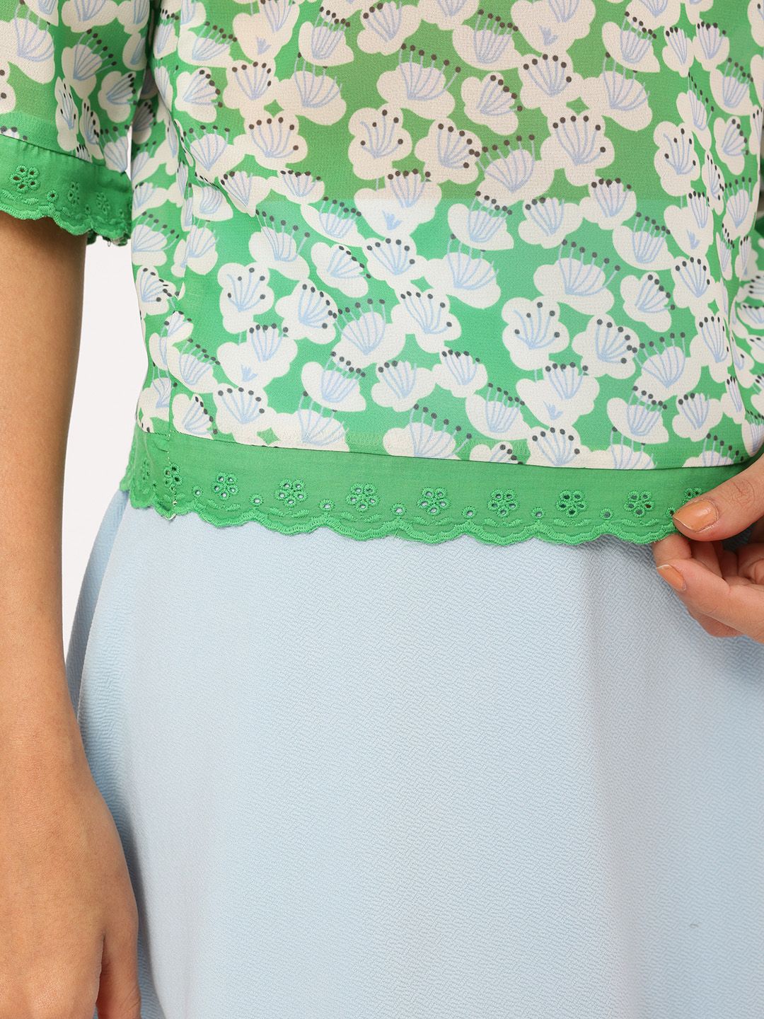 DressBerry Blooming-Bliss Floral Printed Lace-Hem Semi-Sheer Top