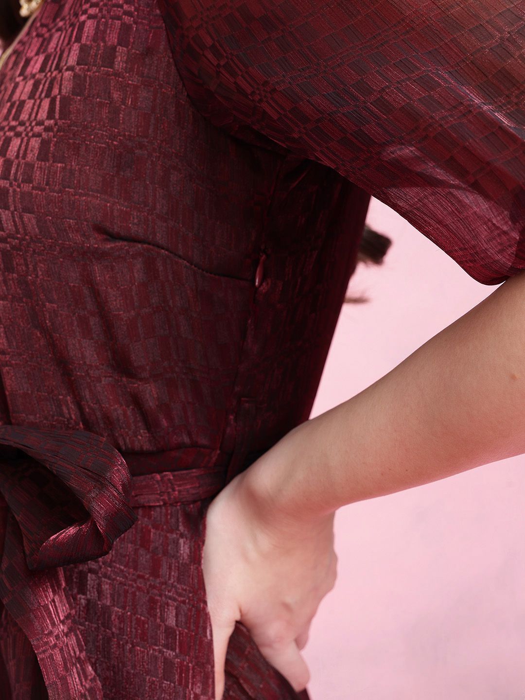 DressBerry Geometric Self-Design Puff Sleeves Party Fit & Flare Dress with Belt