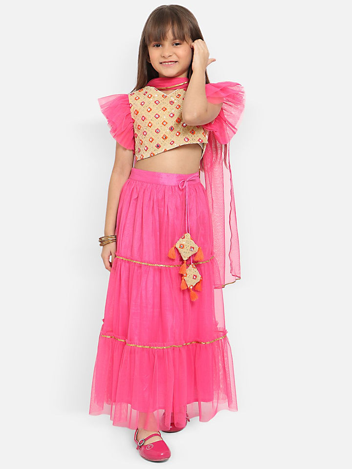 Nauti Nati Girls Embellished Mirror Work Ready to Wear Lehenga & Blouse With Dupatta