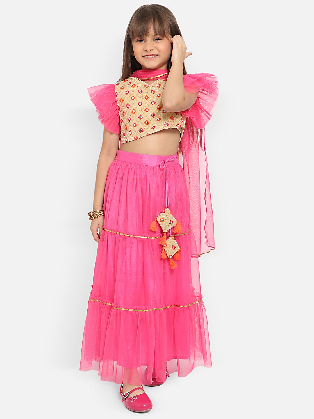 Nauti Nati Girls Embellished Mirror Work Ready to Wear Lehenga & Blouse With Dupatta
