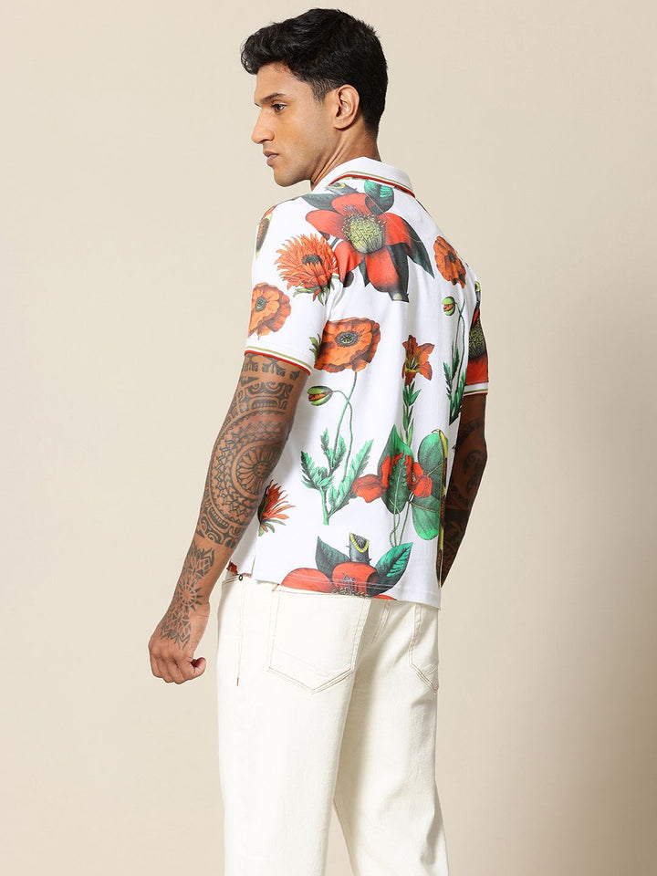 Mr Bowerbird Floral Printed Polo Collar Tailored Fit Pure Cotton T-shirt