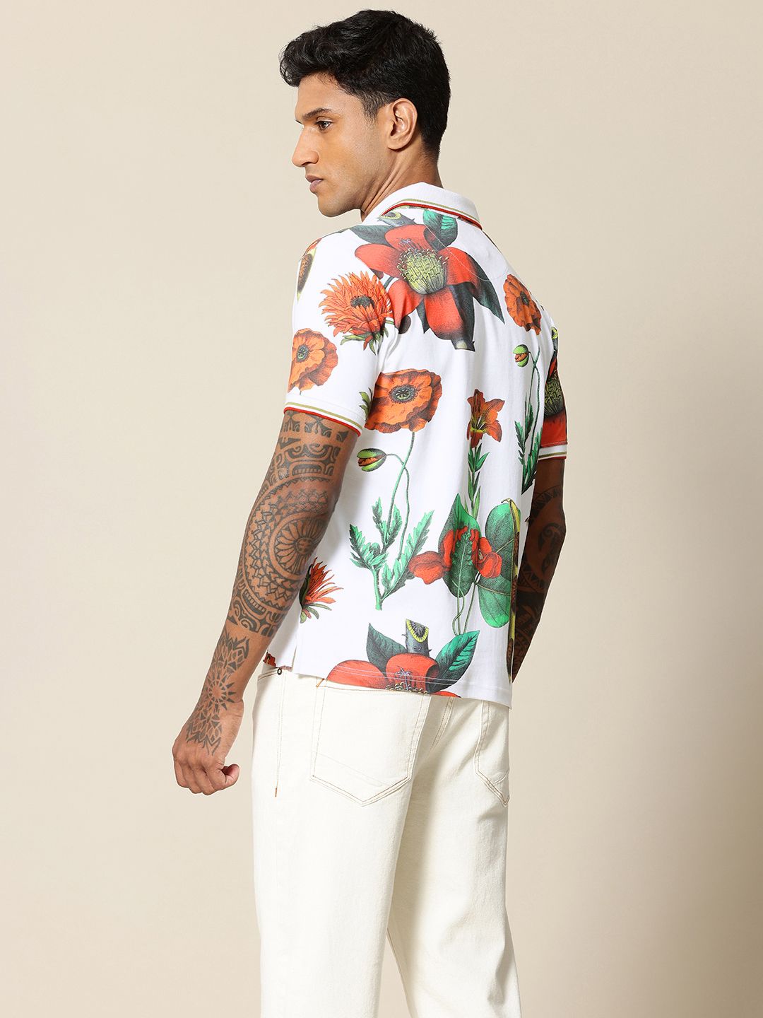 Mr Bowerbird Floral Printed Polo Collar Tailored Fit Pure Cotton T-shirt