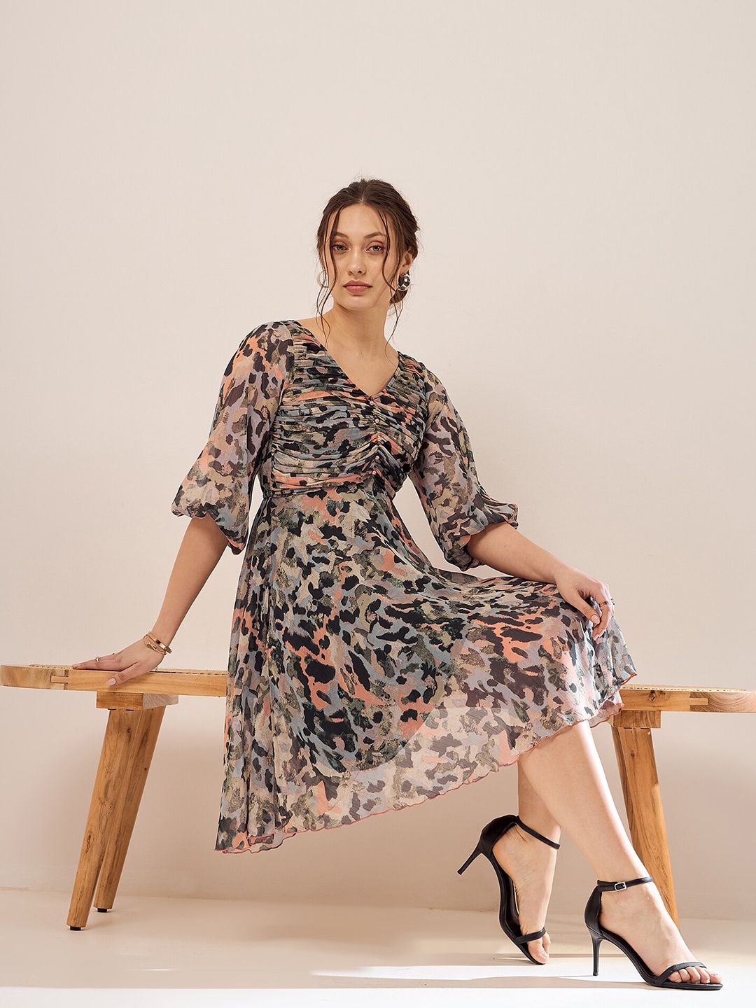 Antheaa Black Abstract Printed Puff Sleeves Gathered Fit & Flare Dress