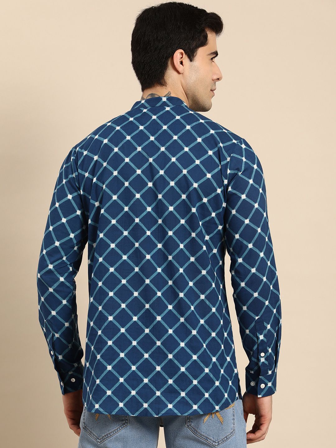 Anouk Men Pure Cotton Band Collar Checked Indigo Kurta