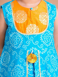 pspeaches Girls Blue Bandhani Printed Panelled Gotta Patti Pure Cotton Kurti with Sharara & With Dupatta
