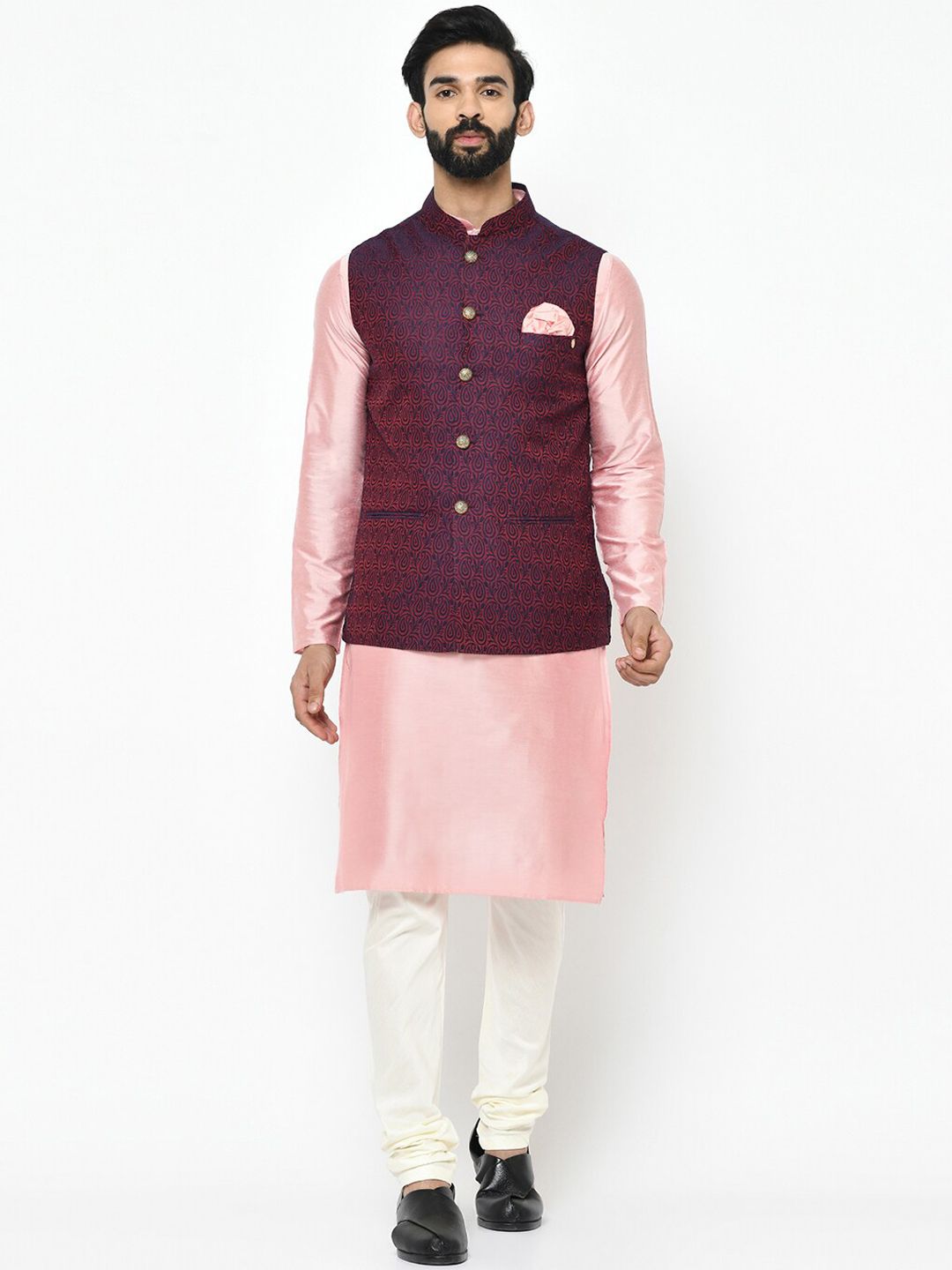 KISAH Men Textured Zari Regular Fit Nehru Jacket